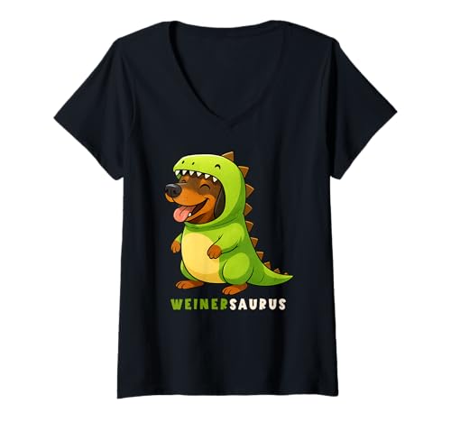Damen Dackel Doxie Dinosaurier Kostüm Trex Weinersaurus Mama Papa T-Shirt mit V-Ausschnitt Damen Dackel Doxie Dinosaurier Kostüm Trex Weinersaurus Mama Papa T-Shirt mit V-Ausschnitt von DachshundAxis1