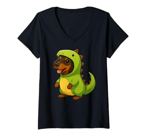Damen Dackel Tierliebhaber Dinosaurier Kostüm Trex Mama Papa Kinder T-Shirt mit V-Ausschnitt Damen Dackel Tierliebhaber Dinosaurier Kostüm Trex Mama Papa Kinder T-Shirt mit V-Ausschnitt von DachshundAxis1