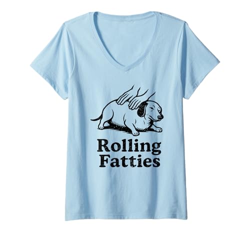 Damen Lustiger Dackel Weiner Hund Rolling Fatties Mama Papa Kinder T-Shirt mit V-Ausschnitt von DachshundAxis1