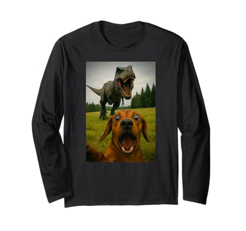 Lustiger Dackel Dinosaurier Trex Selfie Tierliebhaber Mama Papa Langarmshirt von DachshundAxis1