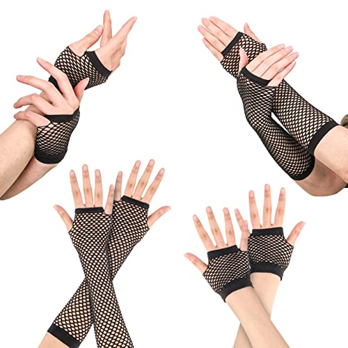 Dacitiery 4 Paar Netzhandschuhe Damen Lang und Kurz Fischnetz Handschuhe Schwarz Fingerlose Fischnetz Handschuhe Netz Mesh Abendhandschuhe für 80er Jahre Verkleidung Kostüm Party Lieferungen von Dacitiery