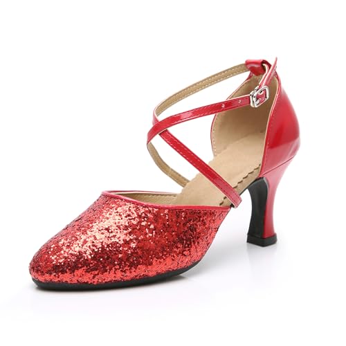 Damen Glitzer Tanzschuhe Salsa Tango Ballsaal Latin Hochzeit und Partys Pumps Dance Shoes(Rot,EU 38.5) von Daciyka