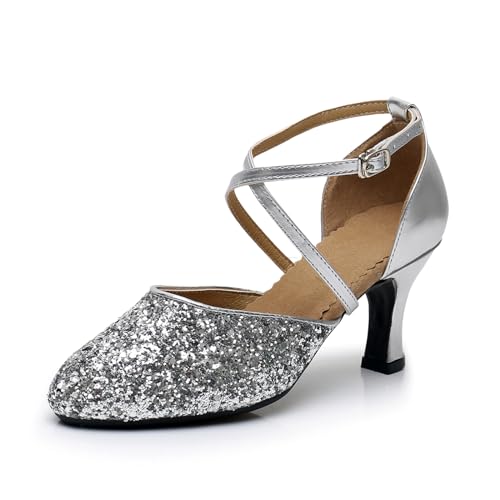 Damen Glitzer Tanzschuhe Salsa Tango Ballsaal Latin Hochzeit und Partys Pumps Dance Shoes(Silber,EU 37) von Daciyka