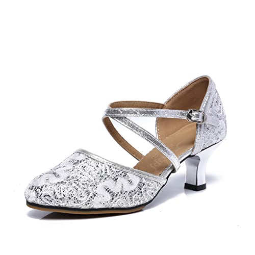 Damen Latein Tanzschuhe elegant und bequem Ballroom Tango Salsa Party Pumps Gummisohle(Silber,EU 38) von Daciyka