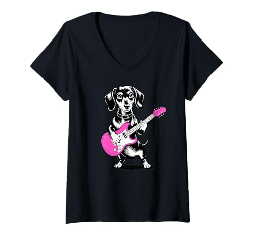Damen Dackel mit Gitarre für Musikliebhaber Hund lustig T-Shirt mit V-Ausschnitt von Dackel Hund Hunde Geschenke & Kleidung