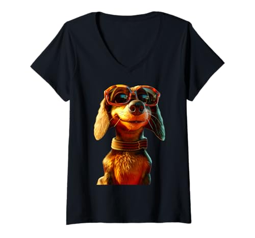 Damen Dackel mit Sonnenbrille Zwergdackel Dackelclub Jagd Teckel T-Shirt mit V-Ausschnitt Damen Dackel mit Sonnenbrille Zwergdackel Dackelclub Jagd Teckel T-Shirt mit V-Ausschnitt von Dackel Liebhaber Motiv für Frauchen & Herrchen