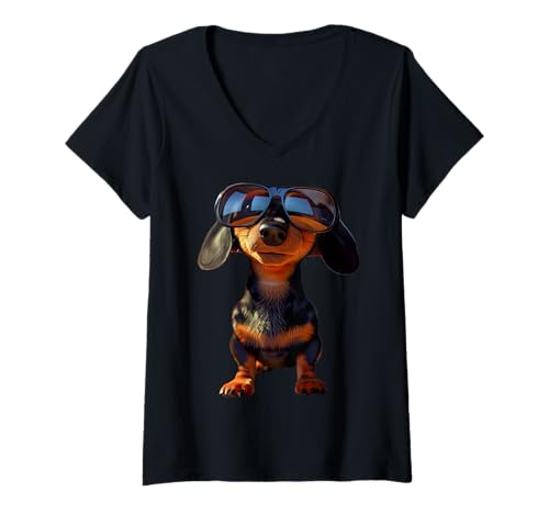 Damen Dackel mit Sonnenbrille Zwergdackel Dackelclub Jagd Teckel T-Shirt mit V-Ausschnitt Damen Dackel mit Sonnenbrille Zwergdackel Dackelclub Jagd Teckel T-Shirt mit V-Ausschnitt von Dackel Liebhaber Motiv für Frauchen & Herrchen