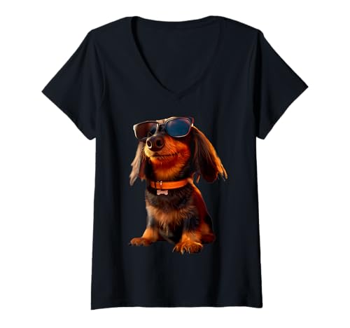 Damen Dackel mit Sonnenbrille Zwergdackel Dackelclub Jagd Teckel T-Shirt mit V-Ausschnitt Damen Dackel mit Sonnenbrille Zwergdackel Dackelclub Jagd Teckel T-Shirt mit V-Ausschnitt von Dackel Liebhaber Motiv für Frauchen & Herrchen