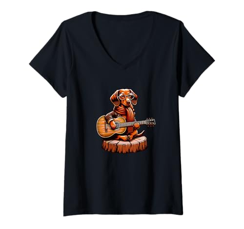Damen Dackel Mit Gitarre Hund Musik Akustik Folk Brille T-Shirt mit V-Ausschnitt Damen Dackel Mit Gitarre Hund Musik Akustik Folk Brille T-Shirt mit V-Ausschnitt von Dackel Musik Akustikgitarre Hund Brille Schal