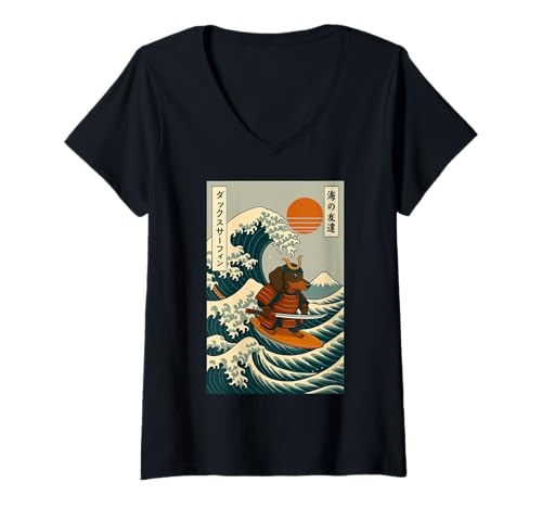 Damen Dackel Samurai Surfen Japanische Welle Katana T-Shirt mit V-Ausschnitt Damen Dackel Samurai Surfen Japanische Welle Katana T-Shirt mit V-Ausschnitt von Dackel Surfer Große Welle Anime Kawaii Ästhetik