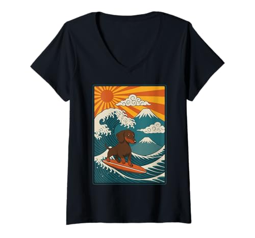 Damen Dackel Surfen Japanische Welle T-Shirt mit V-Ausschnitt Damen Dackel Surfen Japanische Welle T-Shirt mit V-Ausschnitt von Dackel Surfer Große Welle Anime Kawaii Ästhetik