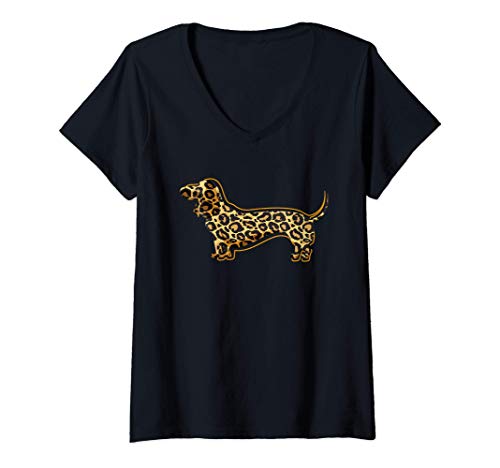 Damen Leoparden Dackel T-Shirt mit V-Ausschnitt von Dackel T-Shirts & Geschenkidee