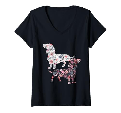 Damen Vintage Dackel T-Shirt mit V-Ausschnitt Damen Vintage Dackel T-Shirt mit V-Ausschnitt von Dackel T-Shirts