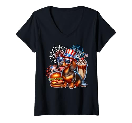 Damen Independence Day Dackel T-Shirt mit V-Ausschnitt von Dackel Unabhängigkeitstag US