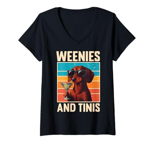 Damen Weenies and Tinis Dachshund T-Shirt mit V-Ausschnitt Damen Weenies and Tinis Dachshund T-Shirt mit V-Ausschnitt von Dackel Wiener Hund Martini Cocktailparty