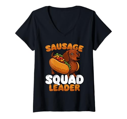 Damen Wursttrupp-führer Lustiger Dackel-Wiener-Hund T-Shirt mit V-Ausschnitt Damen Wursttrupp-führer Lustiger Dackel-Wiener-Hund T-Shirt mit V-Ausschnitt von Dackel-liebhaber Lustiger Dackel-wortwitz