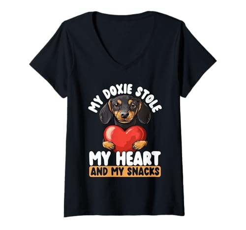 Damen Mein Doxie Hat Mein Herz Und Meine Snacks Gestohlen Lustiger T-Shirt mit V-Ausschnitt Damen Mein Doxie Hat Mein Herz Und Meine Snacks Gestohlen Lustiger T-Shirt mit V-Ausschnitt von Dackel-liebhaber Lustiger Wiener Hund Wortwitz