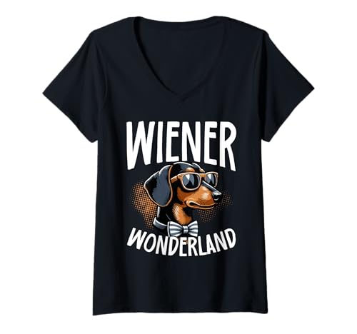 Damen Wiener Wunderland Witziger Stilvoller Dackel T-Shirt mit V-Ausschnitt Damen Wiener Wunderland Witziger Stilvoller Dackel T-Shirt mit V-Ausschnitt von Dackel-liebhaber Witziger Wiener Hund Wortwitz