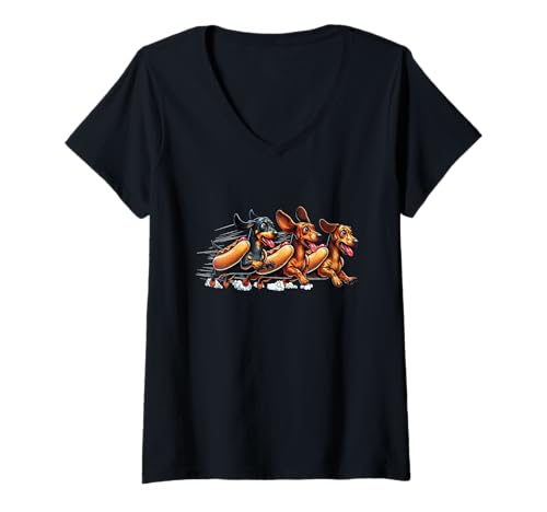 Damen Dackel Dachshund teckel Dackelhalter Dackelfan Hot Dog T-Shirt mit V-Ausschnitt von Dackelbesitzer liebhaber Motiv für Dackelliebhaber