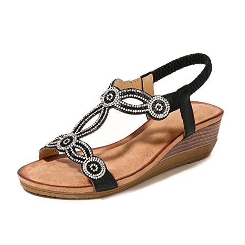 Dacomfy Damen Sandalen Sommer Casual Bohemian Beach Sandalen Vintage Keilsandalen Damen Ins Hot Strass Leder Flip Flops Sandalen von Dacomfy