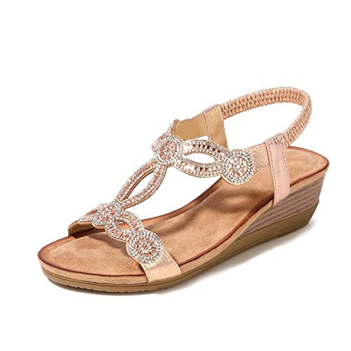 Dacomfy Damen Sandalen Sommer Casual Bohemian Beach Sandalen Vintage Keilsandalen Damen Ins Hot Strass Leder Flip Flops Sandalen von Dacomfy