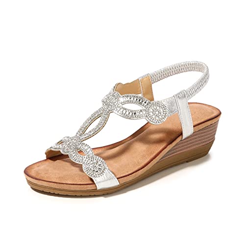 Dacomfy Damen Sandalen Sommer Casual Bohemian Beach Sandalen Vintage Keilsandalen Damen Ins Hot Strass Leder Flip Flops Sandalen von Dacomfy