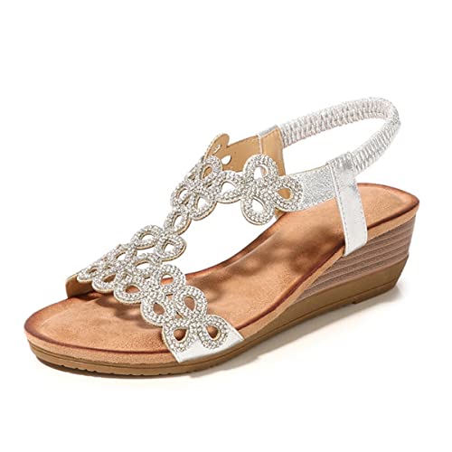 Dacomfy Damen Sandalen Sommer Casual Bohemian Strand Sandalen Vintage Keilsandalen Elastisch Band Strass Flip Flops Sandalen von Dacomfy