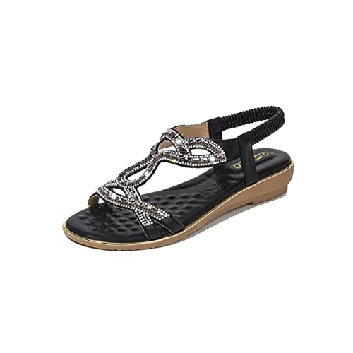 Dacomfy Flache Sandalen für Damen, Strass, Sommer, Bohemian-Stil, Perlen, Glitzer, Kleid, Sandalen, elastisches Band, Strandschuhe von Dacomfy