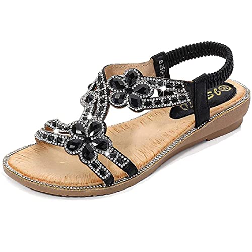 Dacomfy Flache Sandalen für Damen, Strasssteine, Bohemian-Stil, mit Perlen, Glitzer, Kleid, Sandalen, elastisches Band, Sommer, Strandschuhe von Dacomfy