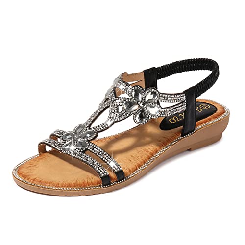 Dacomfy Flache Sandalen für Damen, mit Strasssteinen, für den Sommer, Bohemian-Stil, mit Perlen, Glitzer, Freizeit-Sandalen, elastisches Band, Strandschuhe von Dacomfy