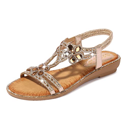 Dacomfy Flache Sandalen für Damen, mit Strasssteinen, für den Sommer, Bohemian-Stil, mit Perlen, Glitzer, Freizeit-Sandalen, elastisches Band, Strandschuhe von Dacomfy