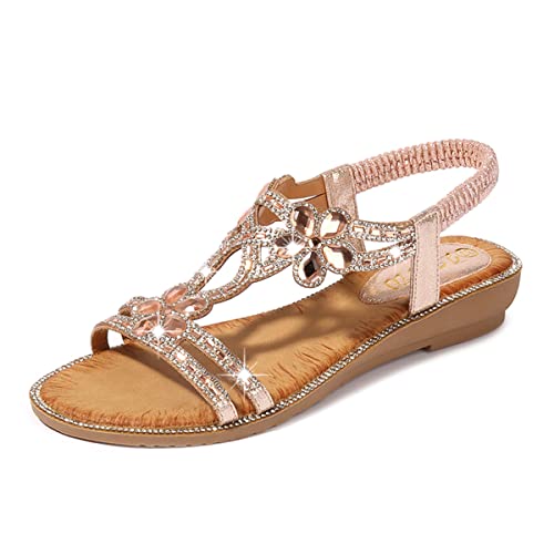 Dacomfy Flache Sandalen für Damen, mit Strasssteinen, für den Sommer, Bohemian-Stil, mit Perlen, Glitzer, Freizeit-Sandalen, elastisches Band, Strandschuhe von Dacomfy