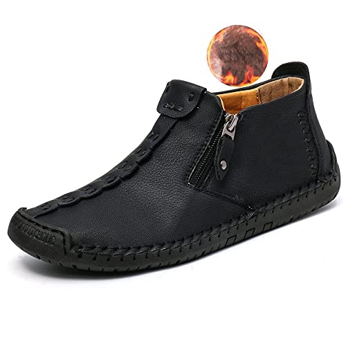 Dacomfy Herren-Leder-Slip-On-Schuhe, lässige Loafer-Chukka-Stiefeletten, handgenäht, Herrenstiefel, modische Reißverschluss, Sneaker, bequeme Wanderschuhe von Dacomfy