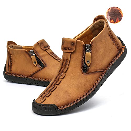 Dacomfy Herren-Leder-Slip-On-Schuhe, lässige Loafer-Chukka-Stiefeletten, handgenäht, Herrenstiefel, modische Reißverschluss, Sneaker, bequeme Wanderschuhe von Dacomfy