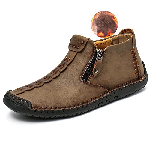 Dacomfy Herren-Leder-Slip-On-Schuhe, lässige Loafer-Chukka-Stiefeletten, handgenäht, Herrenstiefel, modische Reißverschluss, Sneaker, bequeme Wanderschuhe von Dacomfy