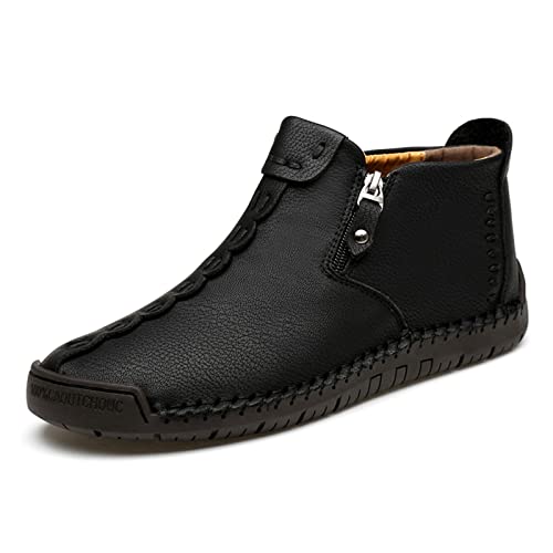 Dacomfy Herren-Leder-Slip-On-Schuhe, lässige Loafer-Chukka-Stiefeletten, handgenäht, Herrenstiefel, modische Reißverschluss, Sneaker, bequeme Wanderschuhe von Dacomfy