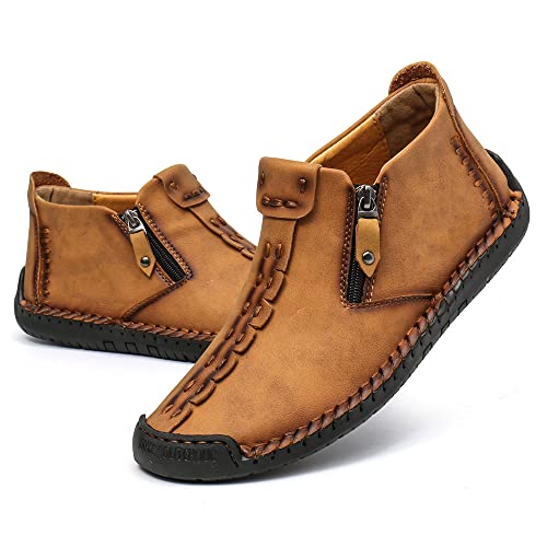 Dacomfy Herren-Leder-Slip-On-Schuhe, lässige Loafer-Chukka-Stiefeletten, handgenäht, Herrenstiefel, modische Reißverschluss, Sneaker, bequeme Wanderschuhe von Dacomfy