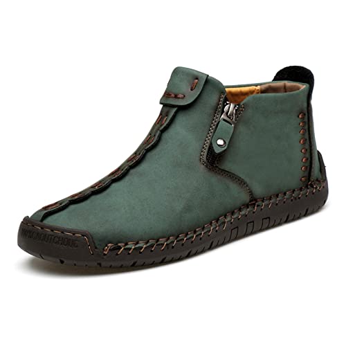 Dacomfy Herren-Leder-Slip-On-Schuhe, lässige Loafer-Chukka-Stiefeletten, handgenäht, Herrenstiefel, modische Reißverschluss, Sneaker, bequeme Wanderschuhe von Dacomfy