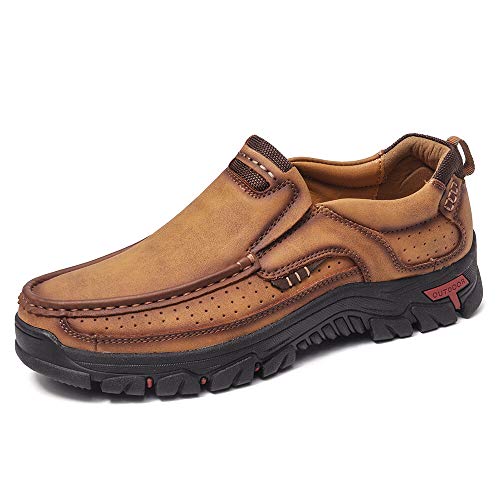 Dacomfy Leder Schuhe Zum Herren Slipper Beiläufig Stilvoll Combo Atmungsaktiv Low-Top Draussen Werkzeug Schuhe rutschfest Wandern Arbeiten Schuhe Braun Größe 40 von Dacomfy