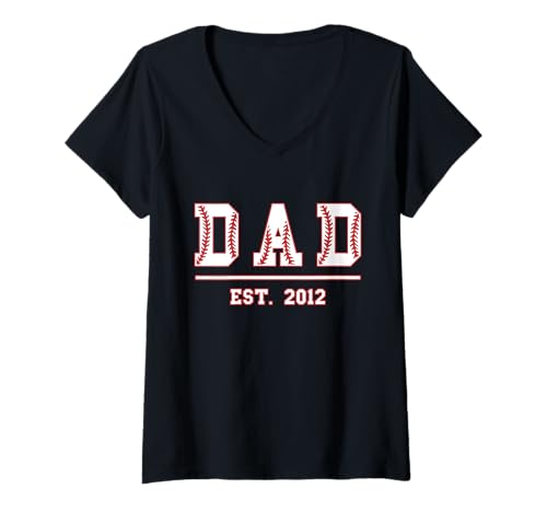 Damen Baseball Papa Est. 2012 Vatertag Vater Geburtstag Vintage T-Shirt mit V-Ausschnitt von Dad Est. 2012 Baseball Softball Father's Day Retro