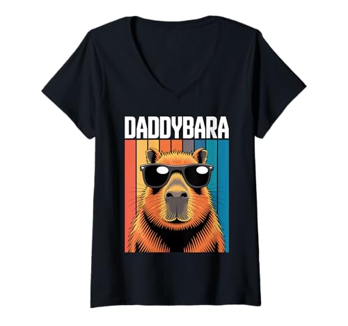 Damen Capybara Daddybara Vatertag Designs für Papa T-Shirt mit V-Ausschnitt von Dad Father Designs