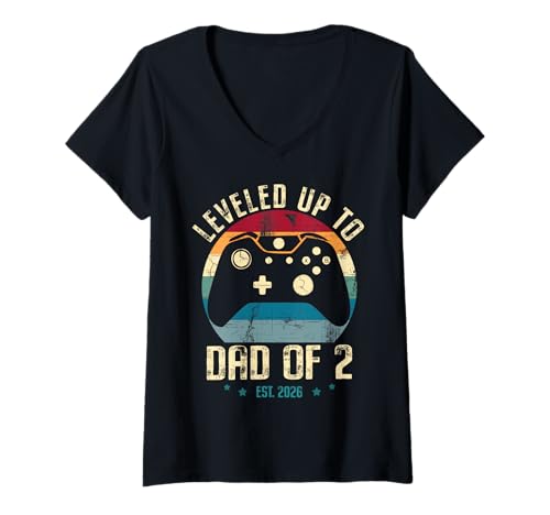 Damen Ich Bin zum Vater von 2 Kindern aufgestiegen 2026 Zum Papa von Zwei Kindern befördert T-Shirt mit V-Ausschnitt Damen Ich Bin zum Vater von 2 Kindern aufgestiegen 2026 Zum Papa von Zwei Kindern befördert T-Shirt mit V-Ausschnitt von Dad Level Unlocked 2026 Funny Second Time Dad Tee