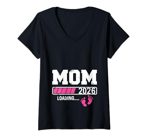 Damen Mama 2026 Schwangerschaft Ankündigung T-Shirt mit V-Ausschnitt von Dad Mom Geburt Baby 2026