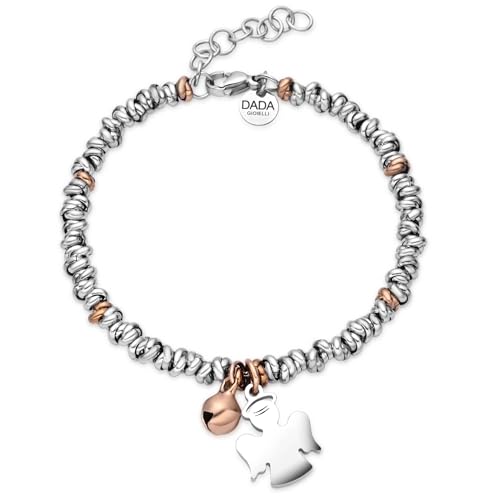 Dada Gioielli - Damen-Armband Kleeblatt Engel Cutode Baum des Lebens Damen mit Glocke zweisprachig 17 + 3 cm (Engel Silber + Rosen) von Dada Gioielli