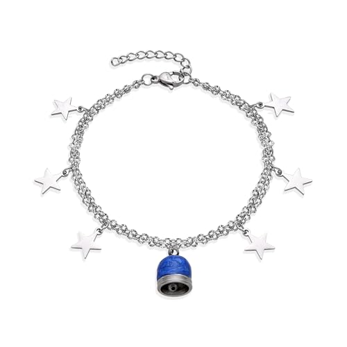 Dada Gioielli - Armband mit Glöckchen im Capri-Stil in Meeresblau und 6 Sternchen, silberfarbener Edelstahl, Kette 20 cm lang, verstellbar auf 17 cm, ideal für Frauen, Mädchen, Mütter und Töchter. von Dada Gioielli