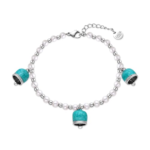 Dada Gioielli - Damenarmband aus Edelstahl mit Mallorca-Perlen und drei Glöckchen-Anhängern, silberfarbenes, hypoallergenes Glücksarmband, verstellbar von 17cm auf 20 cm, Türkis von Dada Gioielli
