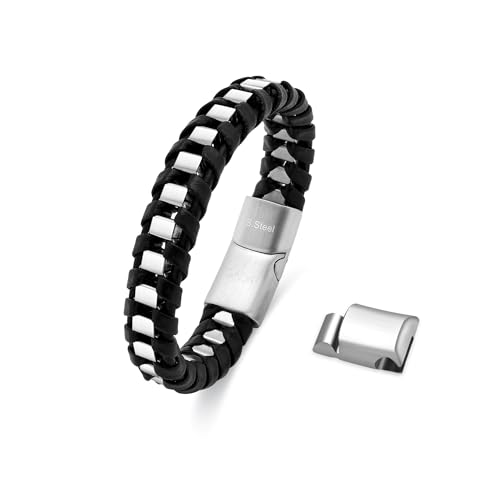 Dada Gioielli - Herrenarmband erhältlich in satiniertem Gold, Silber oder Schwarz, geflochtenes Leder in Braun und Schwarz, antiallergische Edelstahlkette, größenverstellbar: 20cm bis 21 cm, Silber von Dada Gioielli