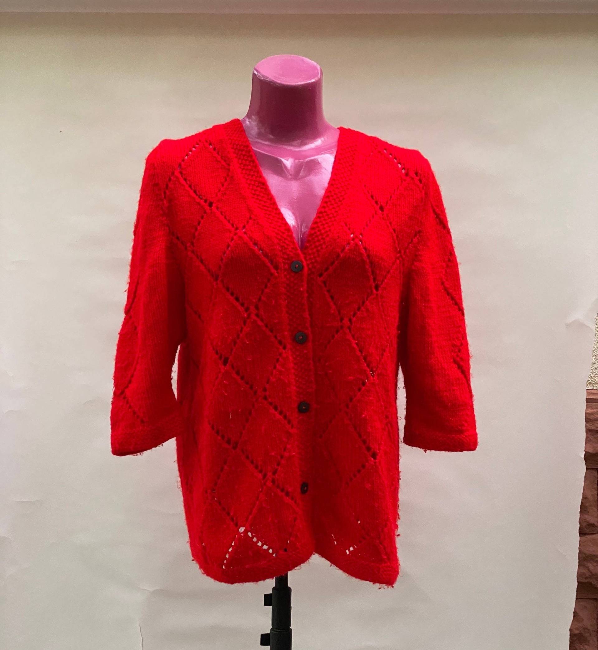 Vintage Rote Elegante Gehäkelte Strickjacke, Größe M von DadaVintageCom