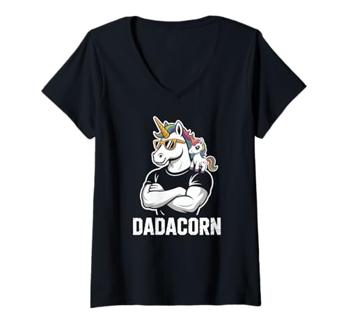 Damen Dadacorn Cool Dad with Baby T-Shirt mit V-Ausschnitt von Dadacorn Dad Father Mythical