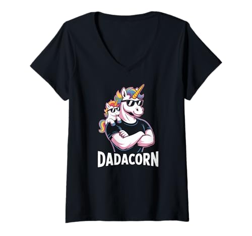 Damen Dadacorn Cool Unicorn Dad and Kid Sunglasses T-Shirt mit V-Ausschnitt von Dadacorn Unicorn Dad Father Rainbow Squad
